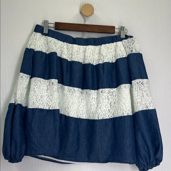 English Factory - Blue And White Lace Stripe Off The Shoulder Blouse Size Small - Picture 10 of 10